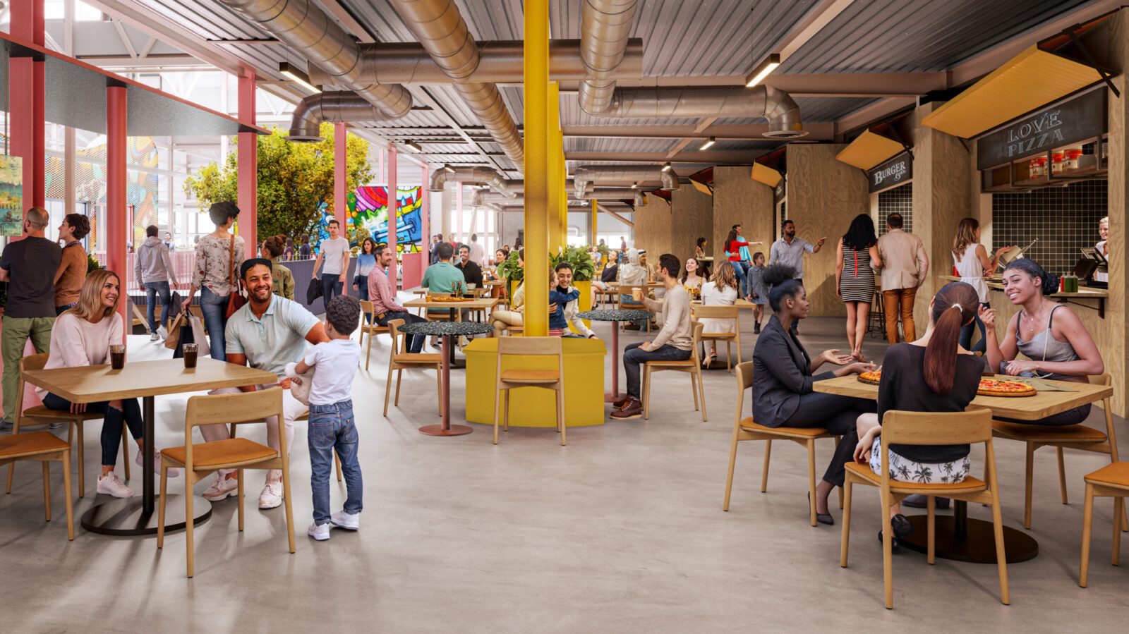 Sheila Bird's interior concept design for Wigan Market at Fettlers. Food Court interior