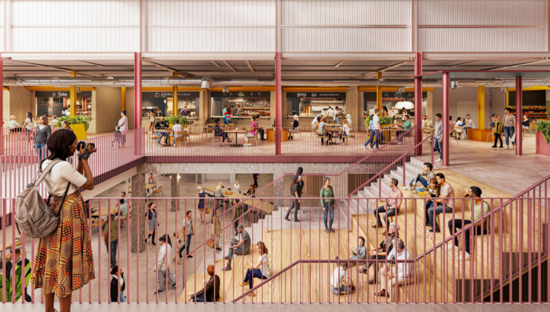 Sheila Bird's concept design for Wigan Market at Fettlers. Food court. Bleacher seating. Atrium
