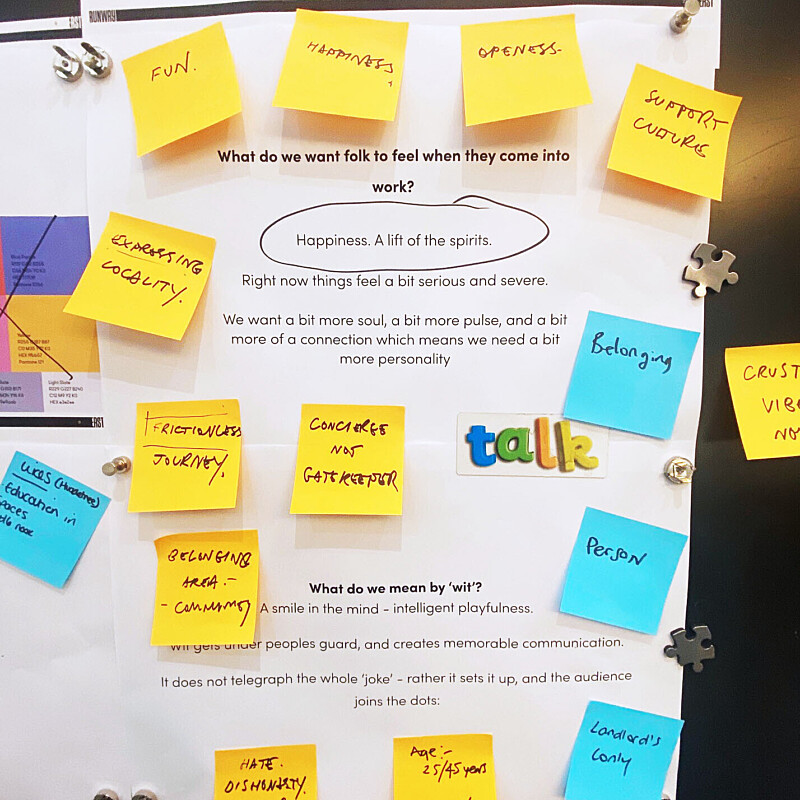 Sheila Bird Studio brand workshop post it note wall for Runway East