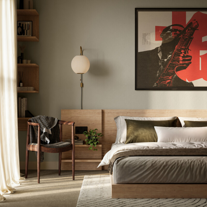 Bedroom interior of apartment at Stopford Park, Stickport