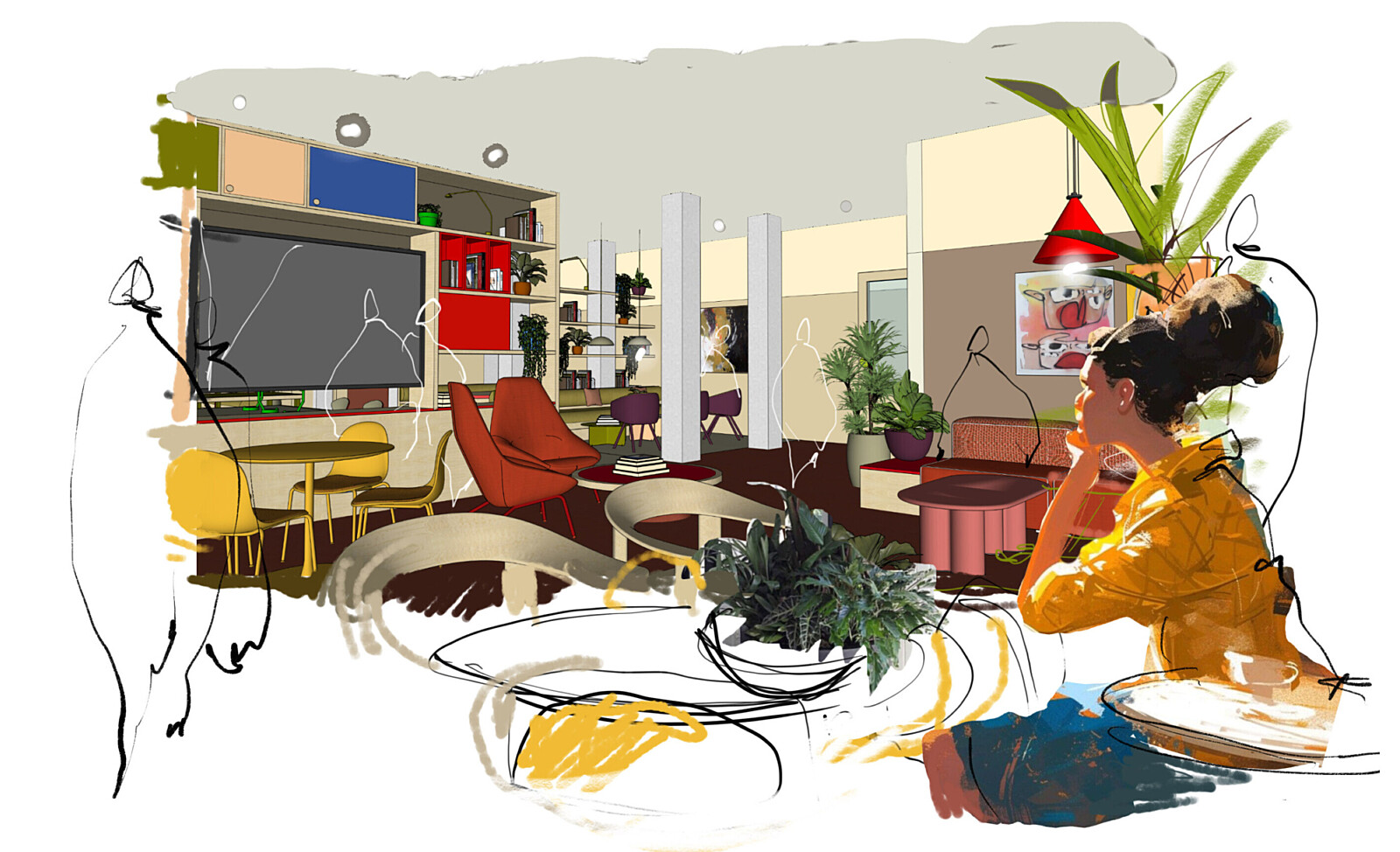 Concept sketch of interior of resident lounge at Torkington in Stopford Park, Stockport