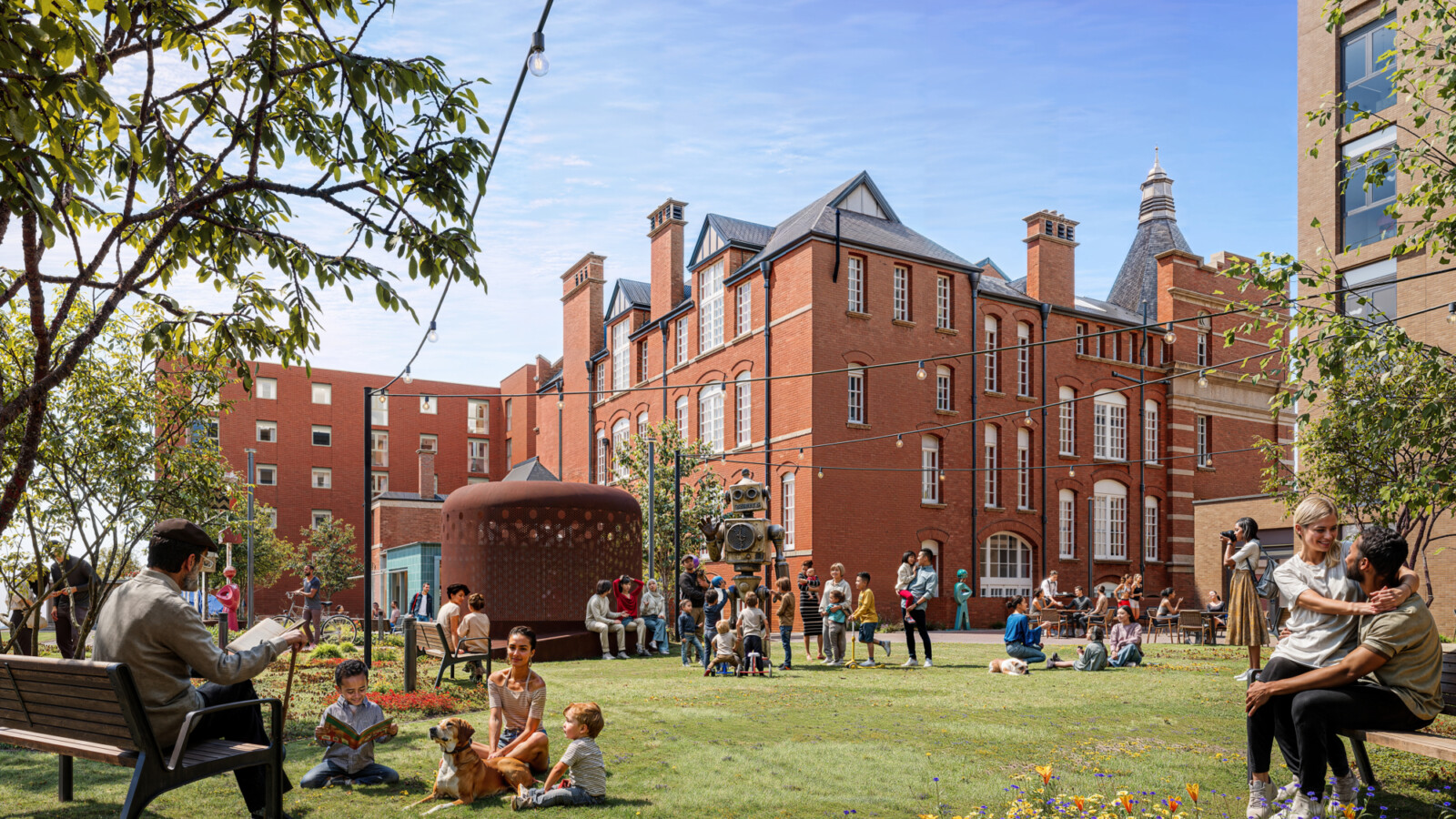 Exterior view of Stopford Park artpark showing art installations and rear of Cheers & Smith, Grade 2 listed building