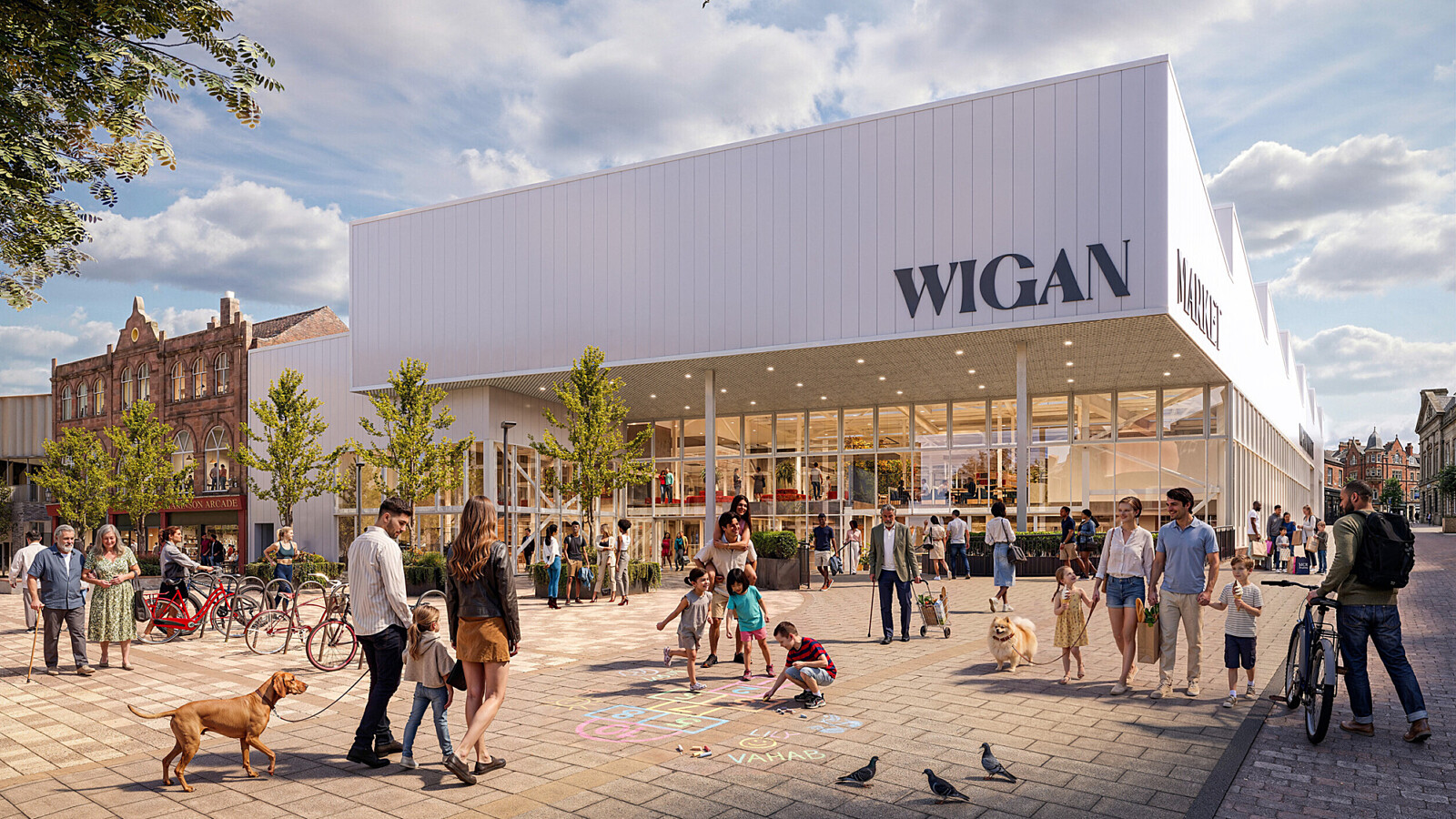 An exterior CGI exterior visualisation of the new market at Fettlers, Wigan