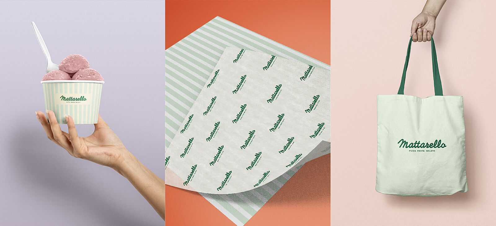 Matterello brand identity on packaging and merchandise